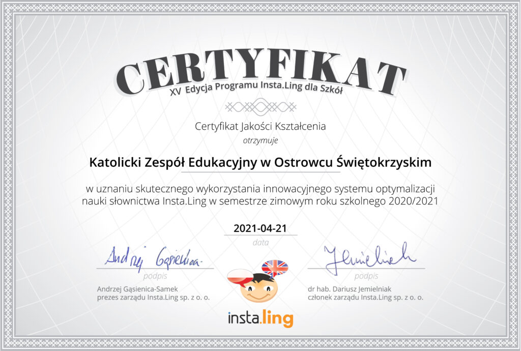 Instaling - certyfikat